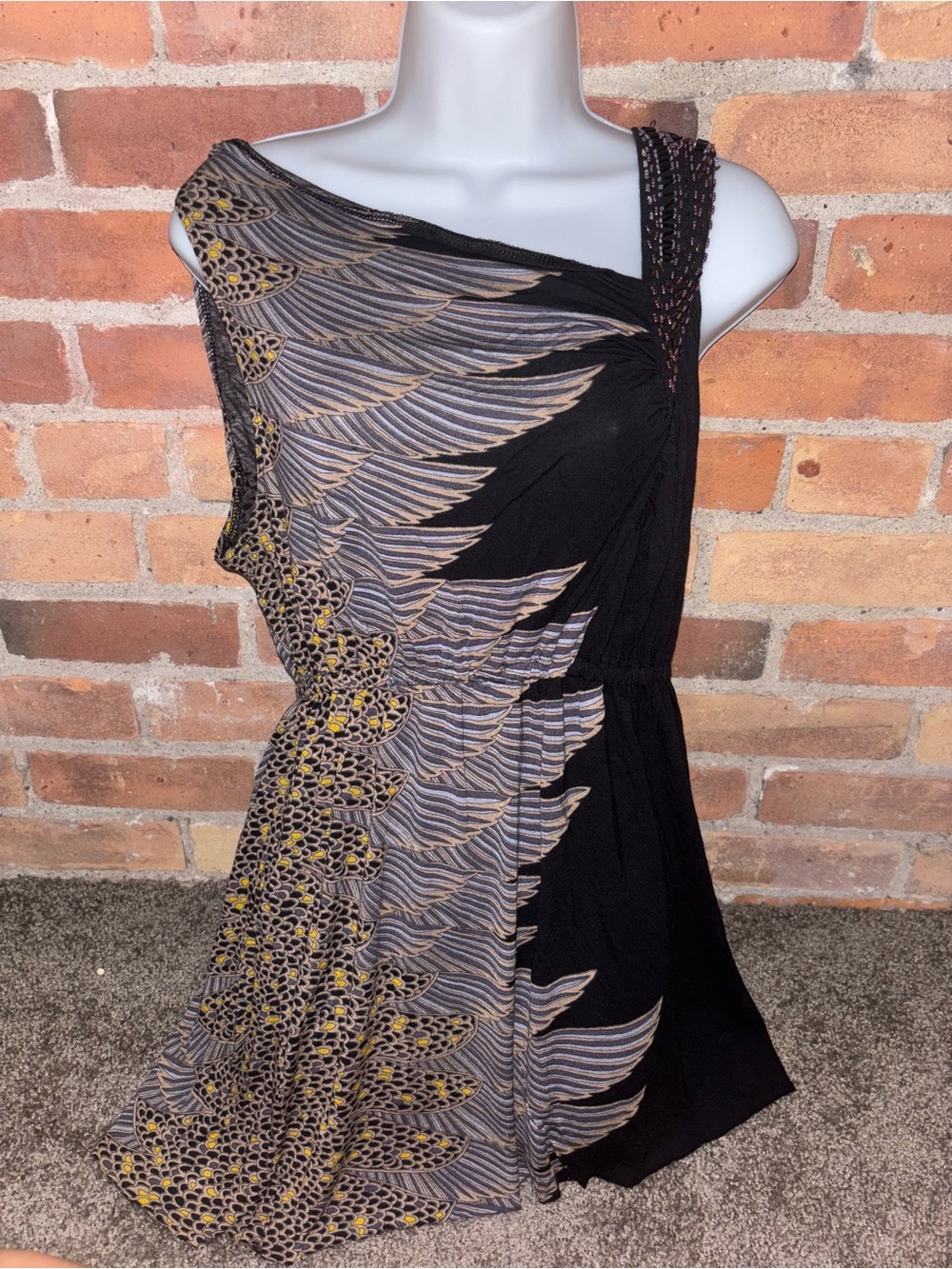 Free People Asymmetric One-Shoulder Mini Boho Black Silk Dress with Feather
